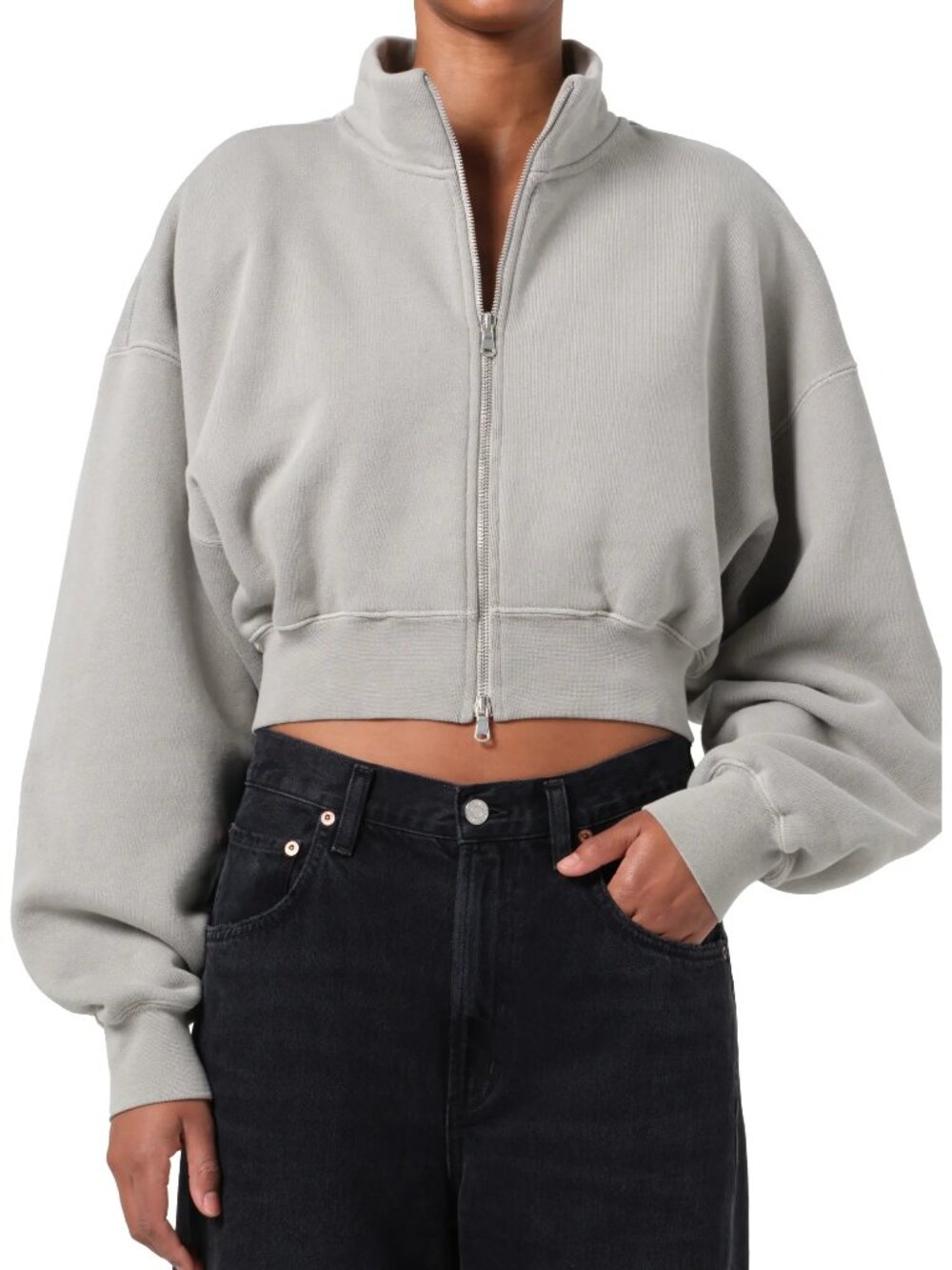 NWT AGOLDE Asta Oversize Cropped Bomber jacket Sweatshirt in Light Gray - Picture 2 of 7